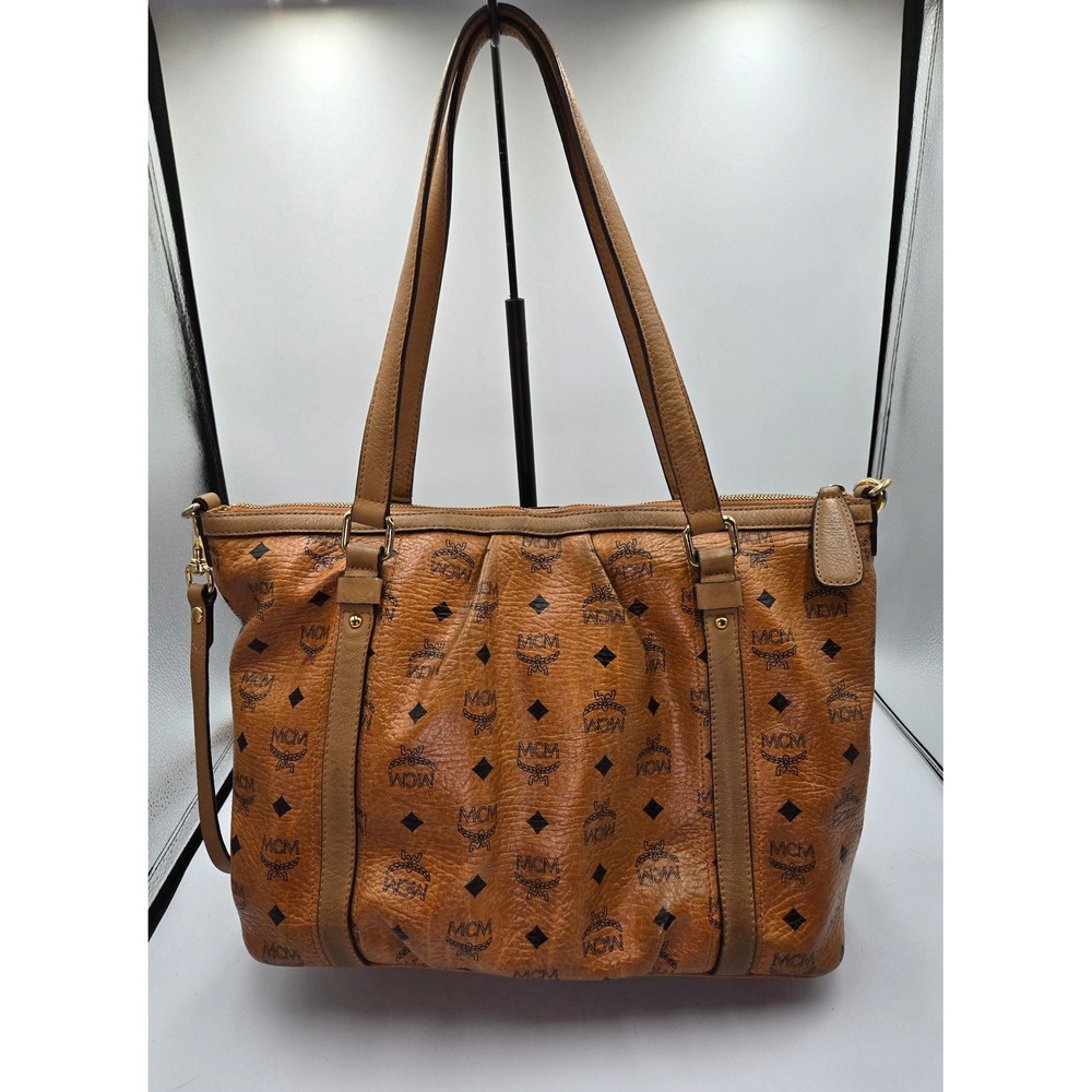 MCM Vintage Cognac Coated‎ Canvas Leather Trimmed Shoulder Bag Tote Purse - Picture 2 of 12